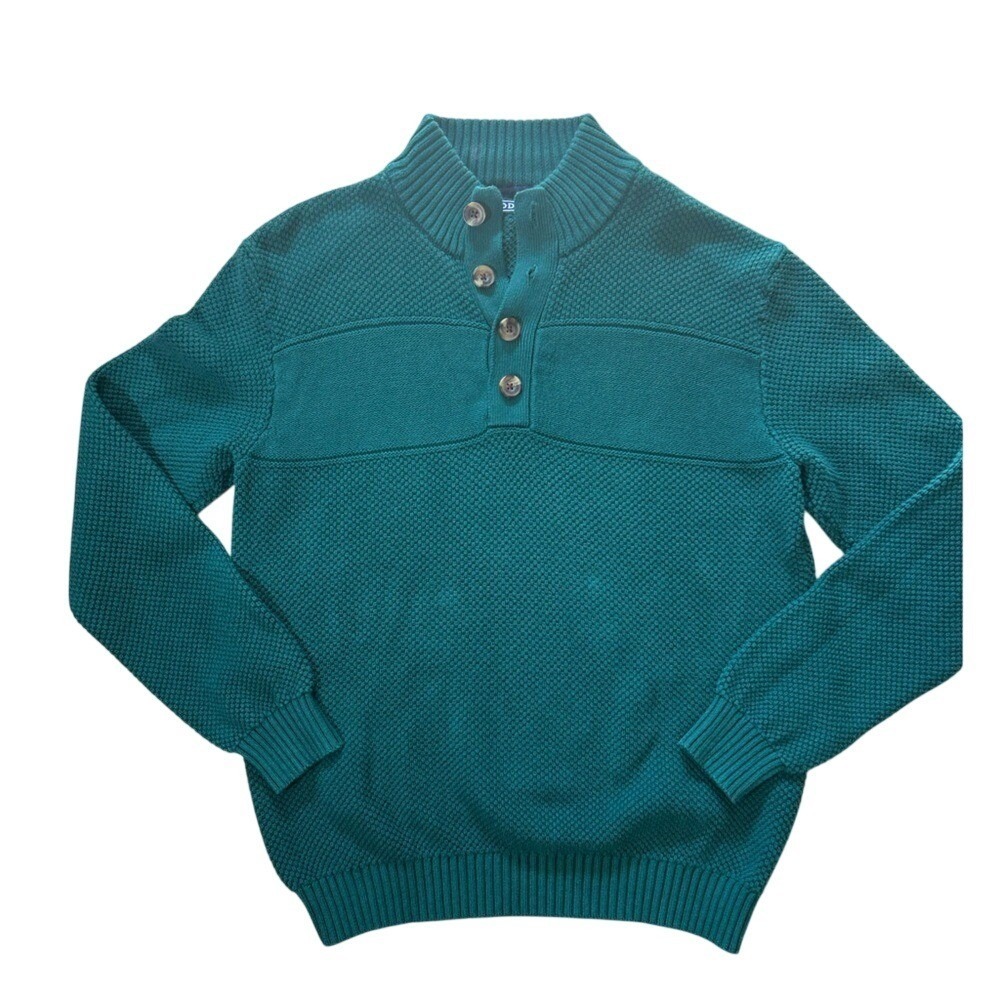 IZOD Mens Teal Green Waffle Knit Quarter Button Mock Neck Sweater Large